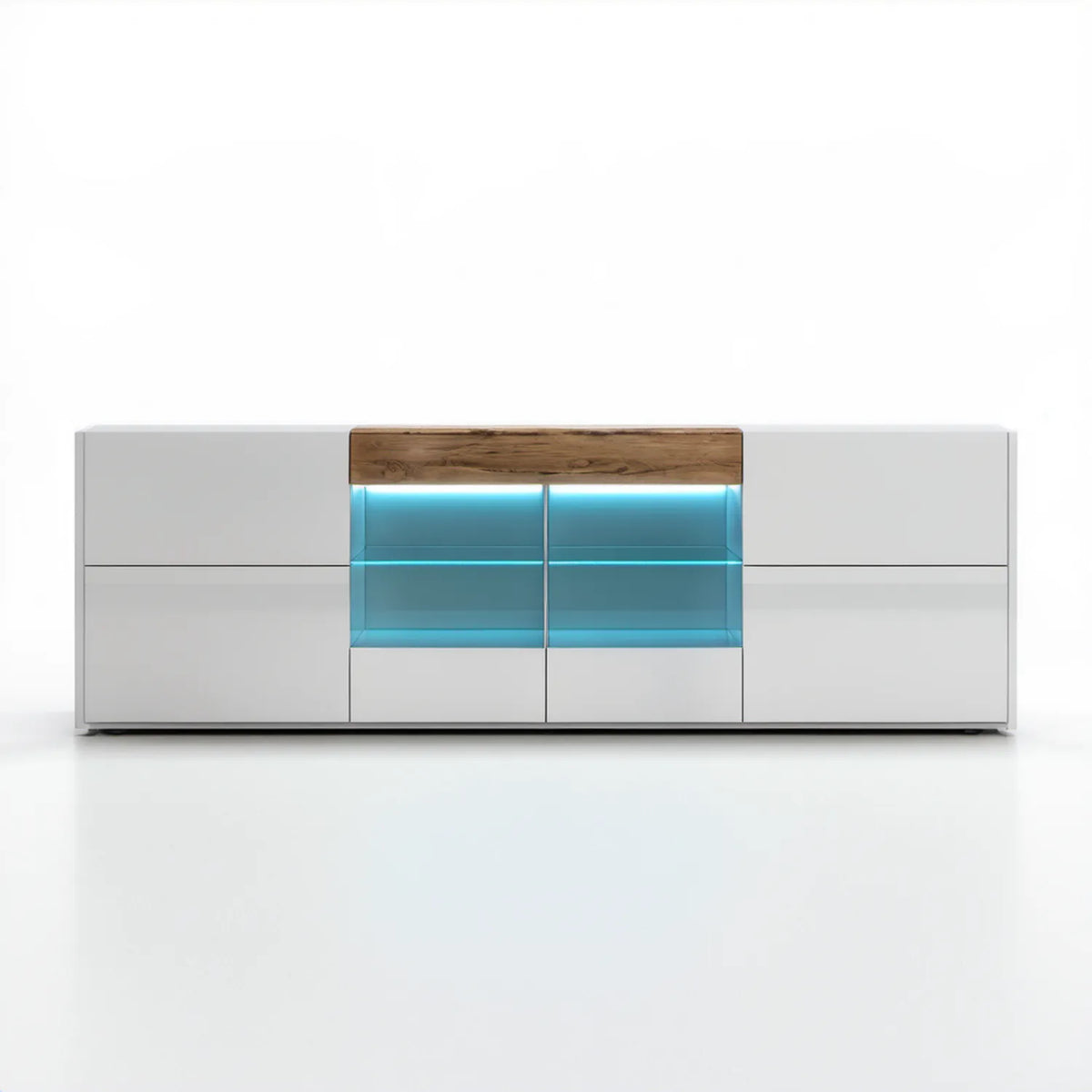 Szafka RTV biała z dekorem dębu, oświetleniem LED i szkłem hartowanym, 200 × 40 × 80 cm