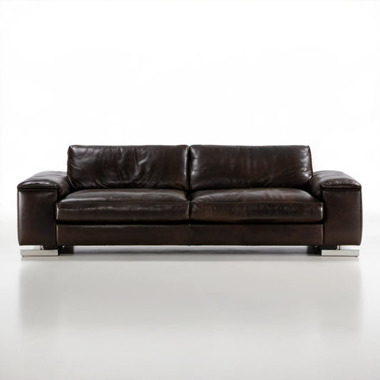 Trzyosobowa sofa z ekoskóry PU ciemnobrązowa ze srebrnymi nóżkami, 220 x 95 x 85 cm
