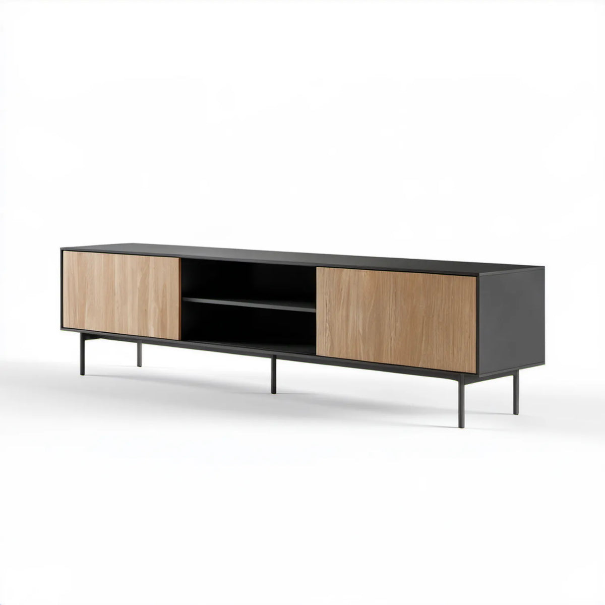 Szafka RTV z płytą laminowaną, czarna/dąb naturalny, 180 × 40 × 55 cm