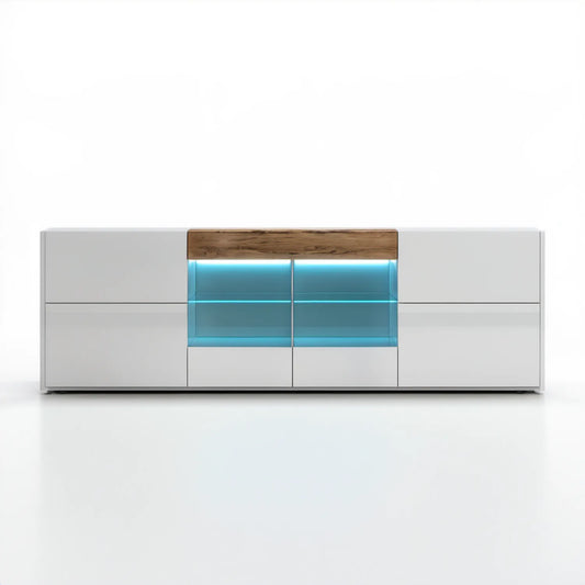 Szafka RTV biała z dekorem dębu, oświetleniem LED i szkłem hartowanym, 200 × 40 × 80 cm