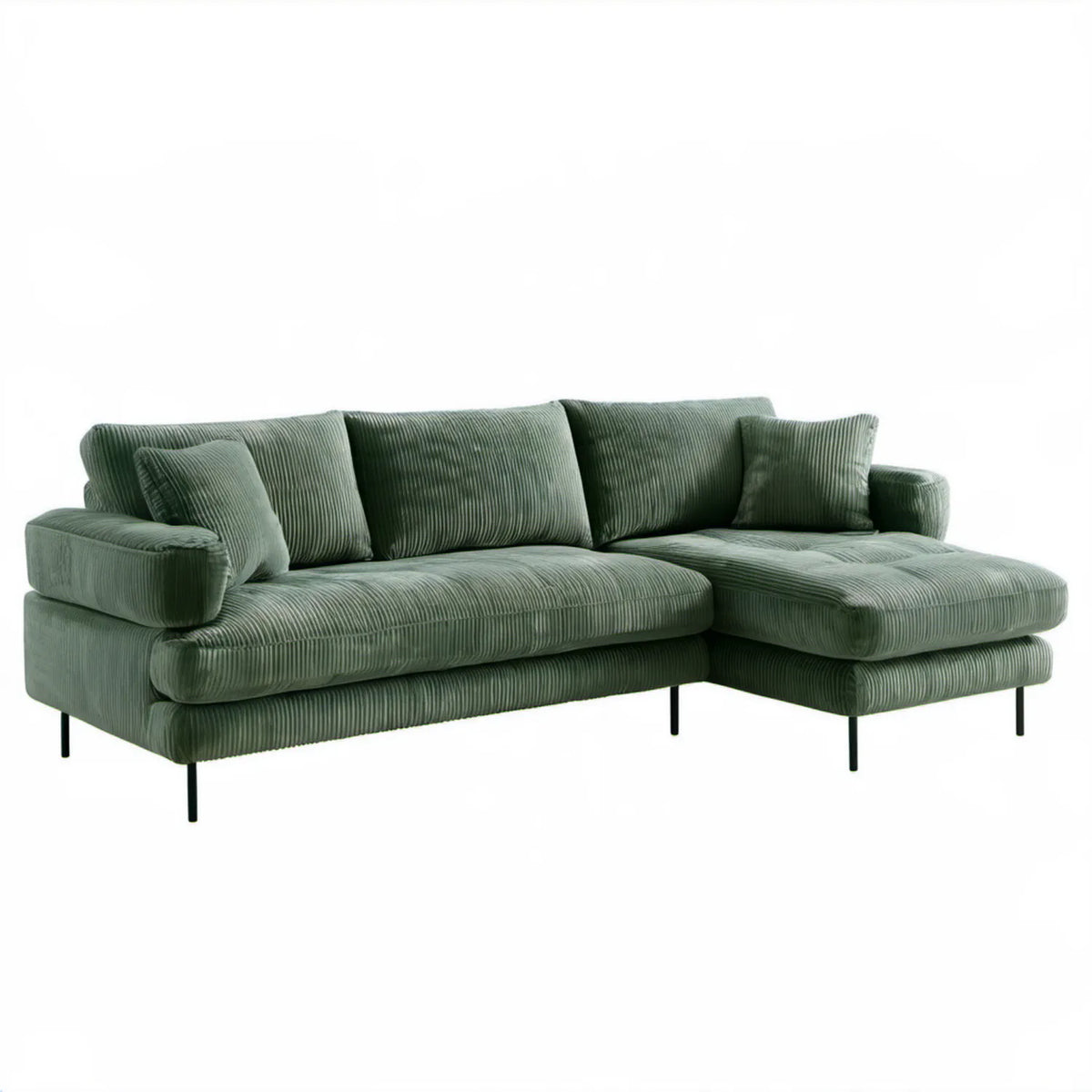 Zielona sofa narożna z prawostronnym szezlongiem, sztruksowa, 250 × 160 × 85 cm