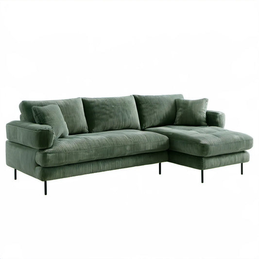 Zielona sofa narożna z prawostronnym szezlongiem, sztruksowa, 250 × 160 × 85 cm
