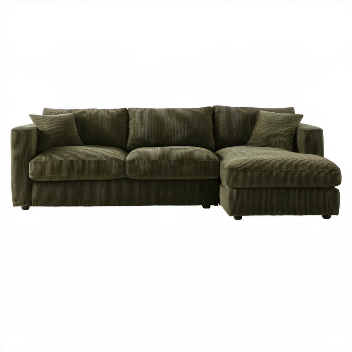 Oliwkowozielona sofa narożna ze sztruksową tapicerką i prawostronnym szezlongiem 240 x 160 x 85 cm