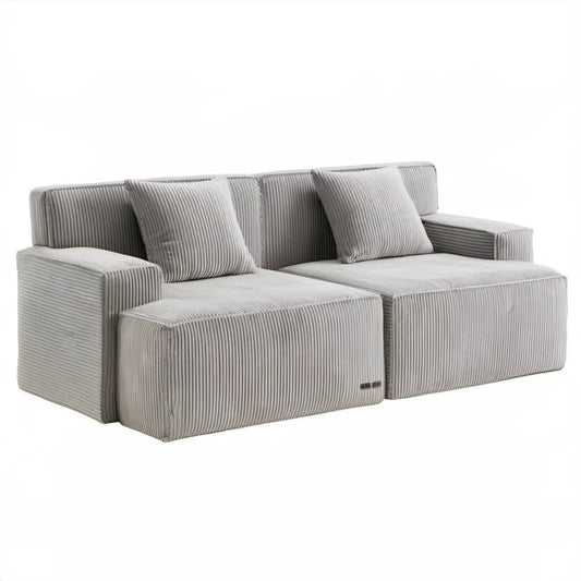 Jasnoszara sofa modułowa 2-osobowa ze sztruksową tapicerką, 200 x 100 x 75 cm