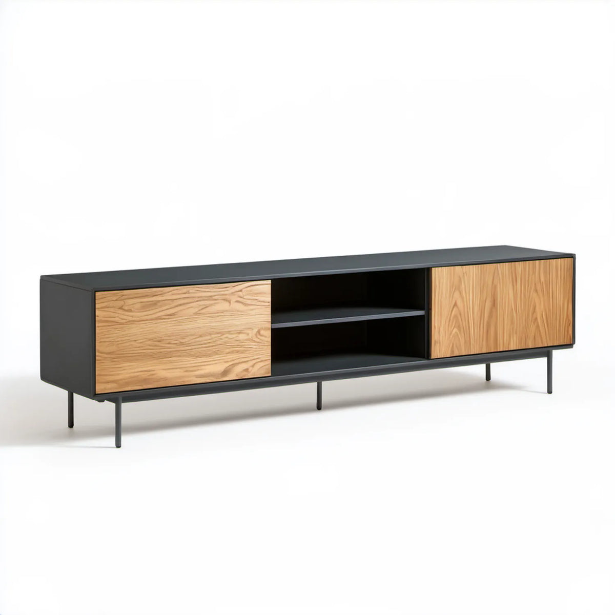 Szafka RTV czarno-dębowa z MDF i fornirem dębowym, 180 x 40 x 50 cm