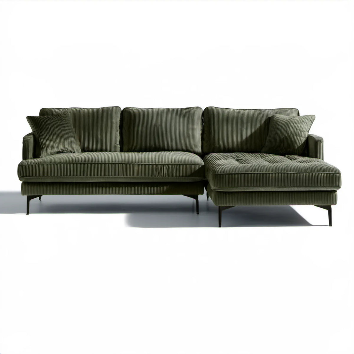 Prawostronna sofa narożna L ze sztruksu oliwkowozielona z czarnymi nogami, 260 x 160 x 85 cm