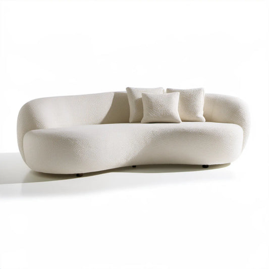 Trzyosobowa sofa zaokrąglona z tapicerką bouclé, kremowa, 230 x 100 x 75 cm