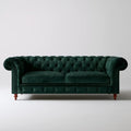 Dwuosobowa sofa Chesterfield z aksamitu, ciemnozielona z brązowymi nogami, 180 x 90 x 78 cm
