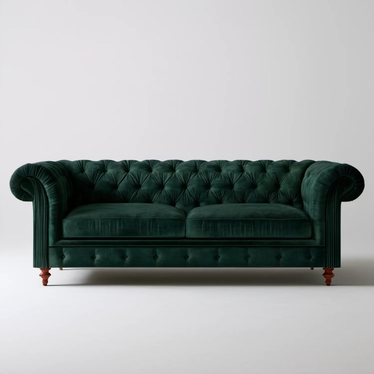 Dwuosobowa sofa Chesterfield z aksamitu, ciemnozielona z brązowymi nogami, 180 x 90 x 78 cm