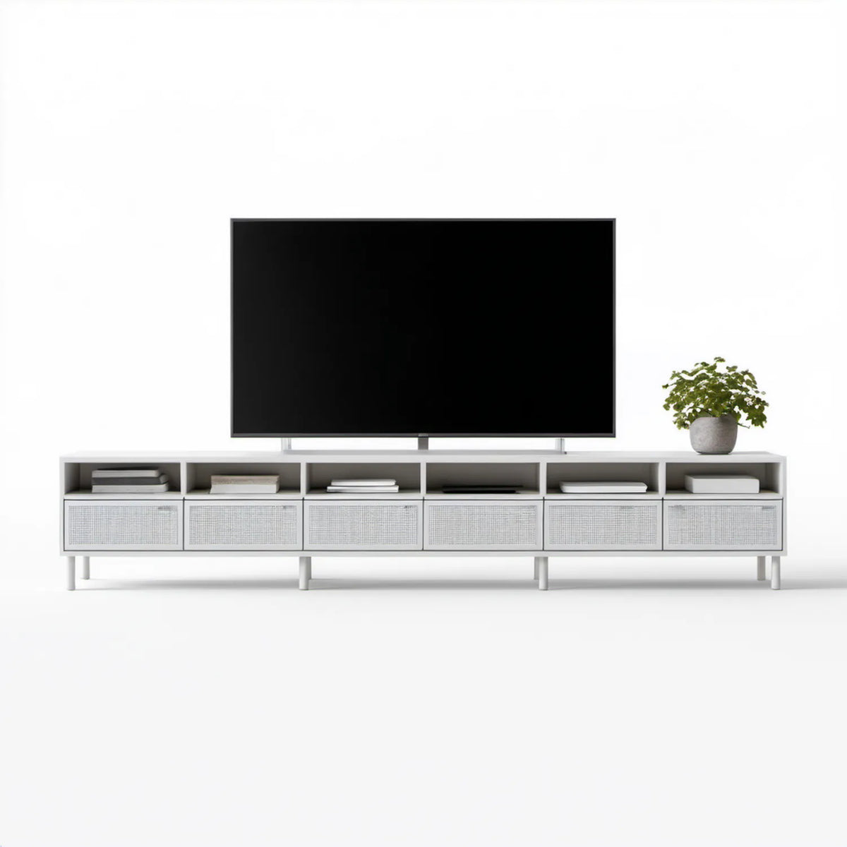Biała szafka RTV z perforowanymi frontami srebrnymi 180 × 40 × 55 cm
