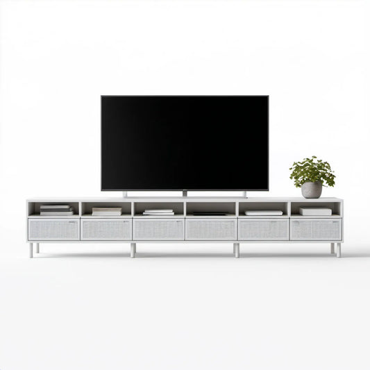 Biała szafka RTV z perforowanymi frontami srebrnymi 180 × 40 × 55 cm