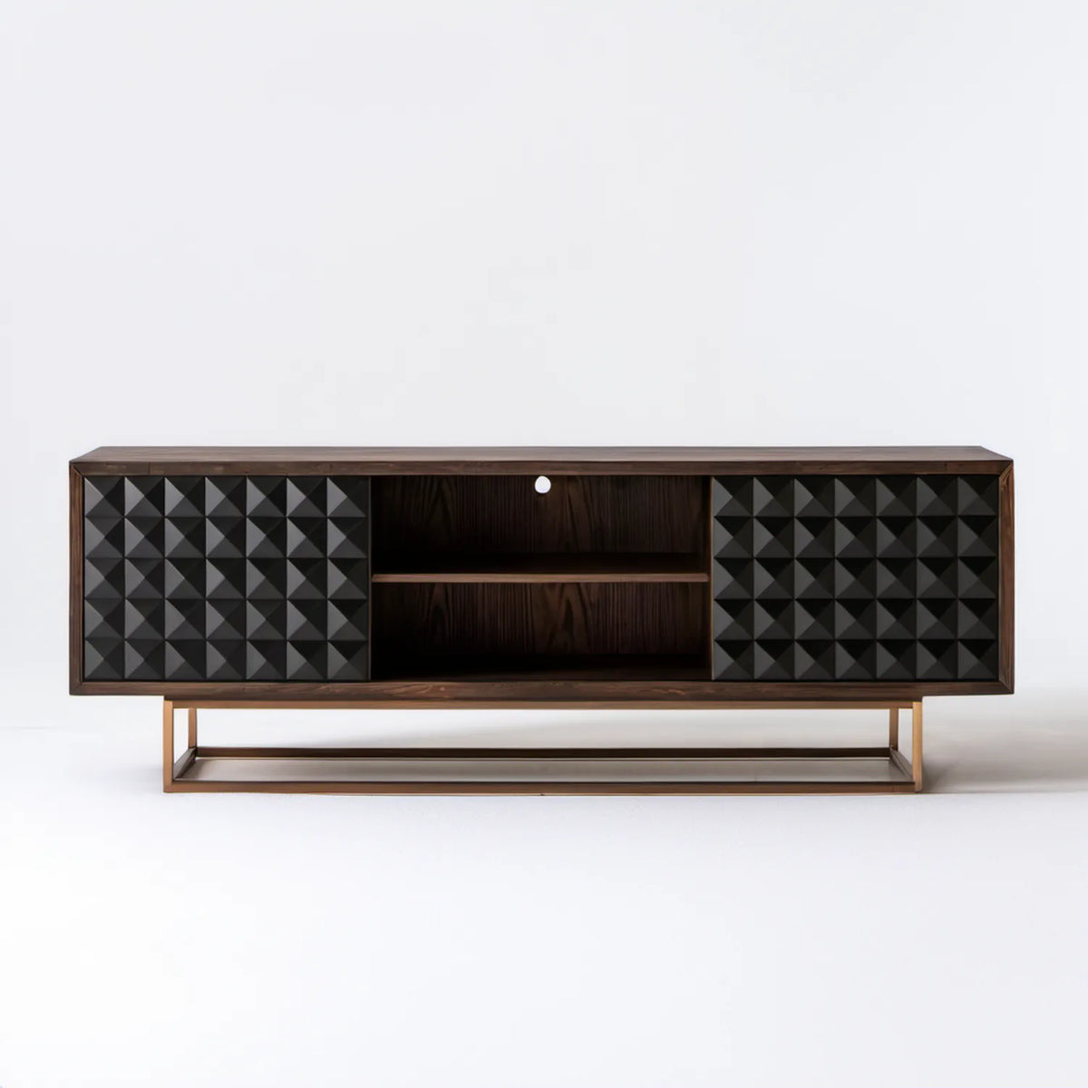 Szafka RTV 180 x 40 x 70 cm z geometrycznymi frontami, orzechowa/czarna/złota